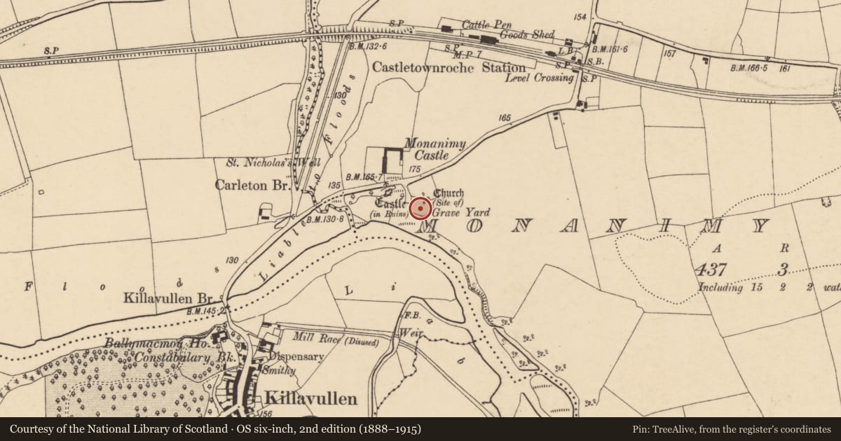 Ordnance Survey six-inch map, 2nd edition (1888–1915) covering the location of Graveyard, Monanimy Lower, County Cork, with a pin at the register's coordinates