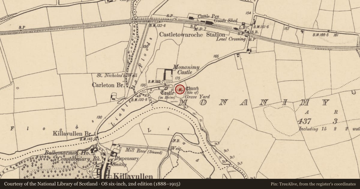 Ordnance Survey six-inch map, 2nd edition (1888–1915) covering the location of Church, Monanimy Lower, County Cork, with a pin at the register's coordinates
