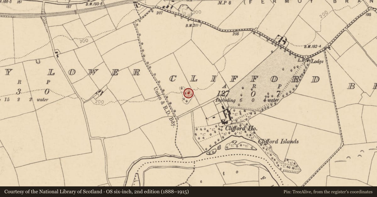 Ordnance Survey six-inch map, 2nd edition (1888–1915) covering the location of Enclosure, Clifford, County Cork, with a pin at the register's coordinates