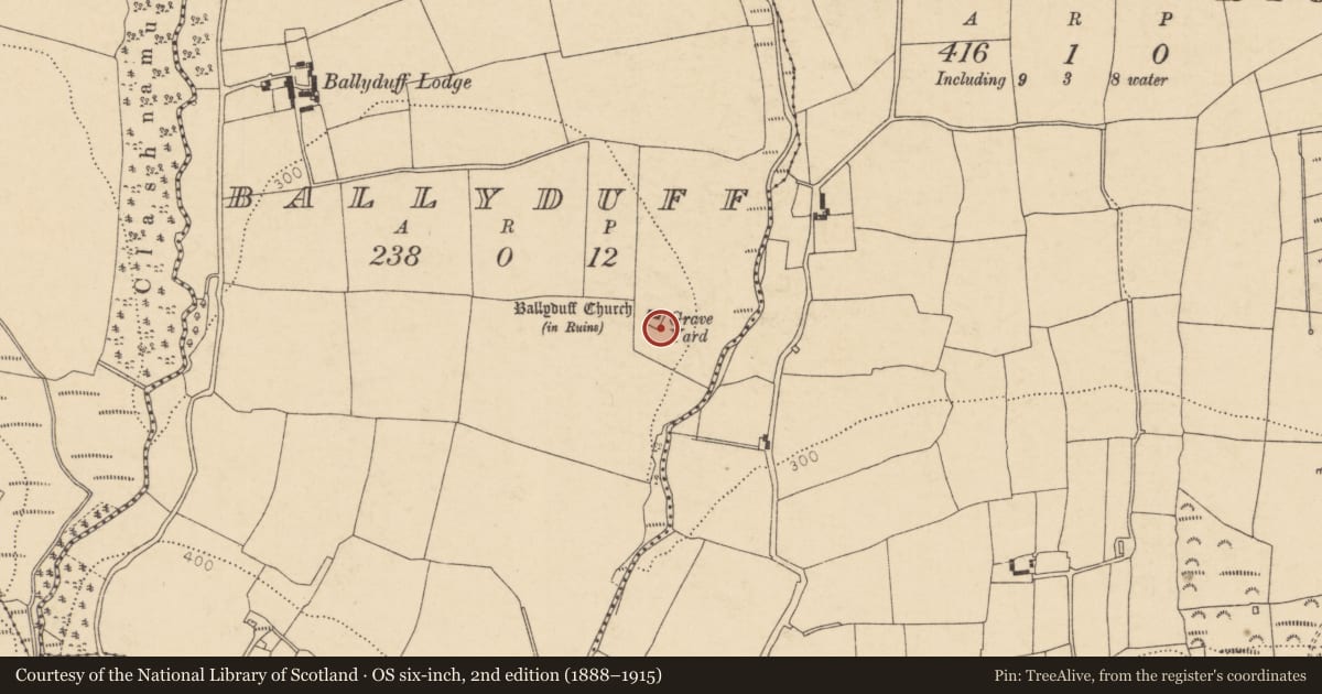 Ordnance Survey six-inch map, 2nd edition (1888–1915) covering the location of Graveyard, Ballyduff, County Cork, with a pin at the register's coordinates
