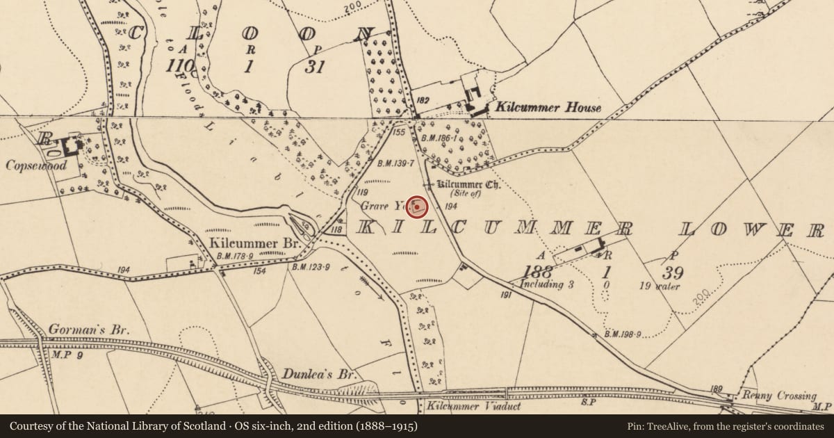 Ordnance Survey six-inch map, 2nd edition (1888–1915) covering the location of Graveyard, Kilcummer Lower, County Cork, with a pin at the register's coordinates