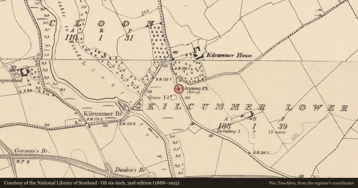 Ordnance Survey six-inch map, 2nd edition (1888–1915) covering the location of Church, Kilcummer Lower, County Cork, with a pin at the register's coordinates