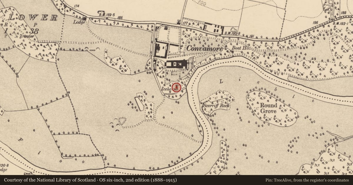 Ordnance Survey six-inch map, 2nd edition (1888–1915) covering the location of Icehouse, Conva, County Cork, with a pin at the register's coordinates