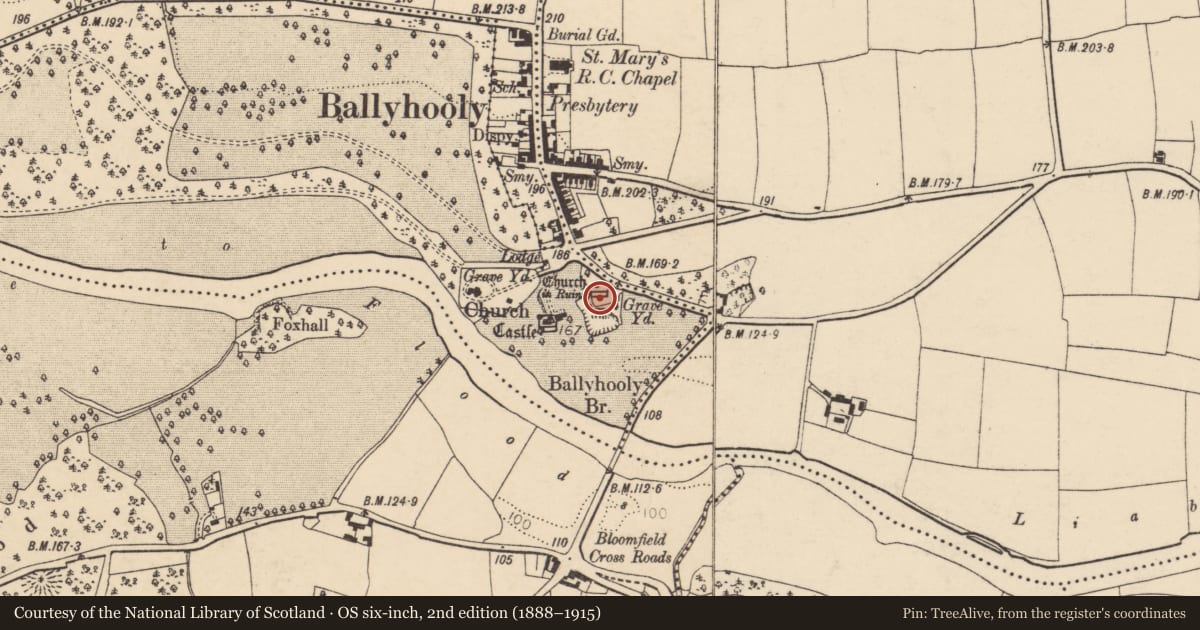 Ordnance Survey six-inch map, 2nd edition (1888–1915) covering the location of Church, Conva, County Cork, with a pin at the register's coordinates