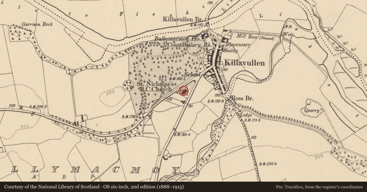 Ordnance Survey six-inch map, 2nd edition (1888–1915) covering the location of Church, Ballymacmoy, County Cork, with a pin at the register's coordinates