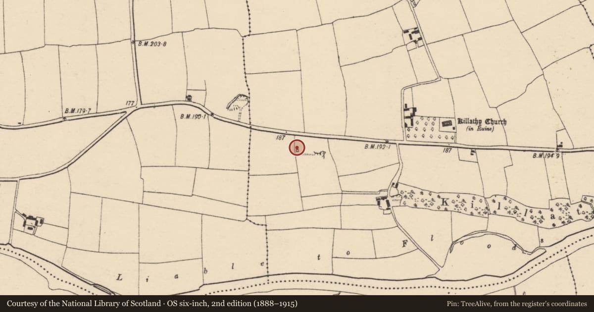 Ordnance Survey six-inch map, 2nd edition (1888–1915) covering the location of Kiln - lime, Killathy, County Cork, with a pin at the register's coordinates