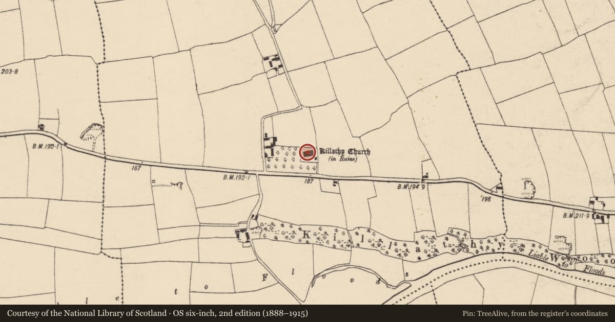 Ordnance Survey six-inch map, 2nd edition (1888–1915) covering the location of Graveyard, Killathy, County Cork, with a pin at the register's coordinates
