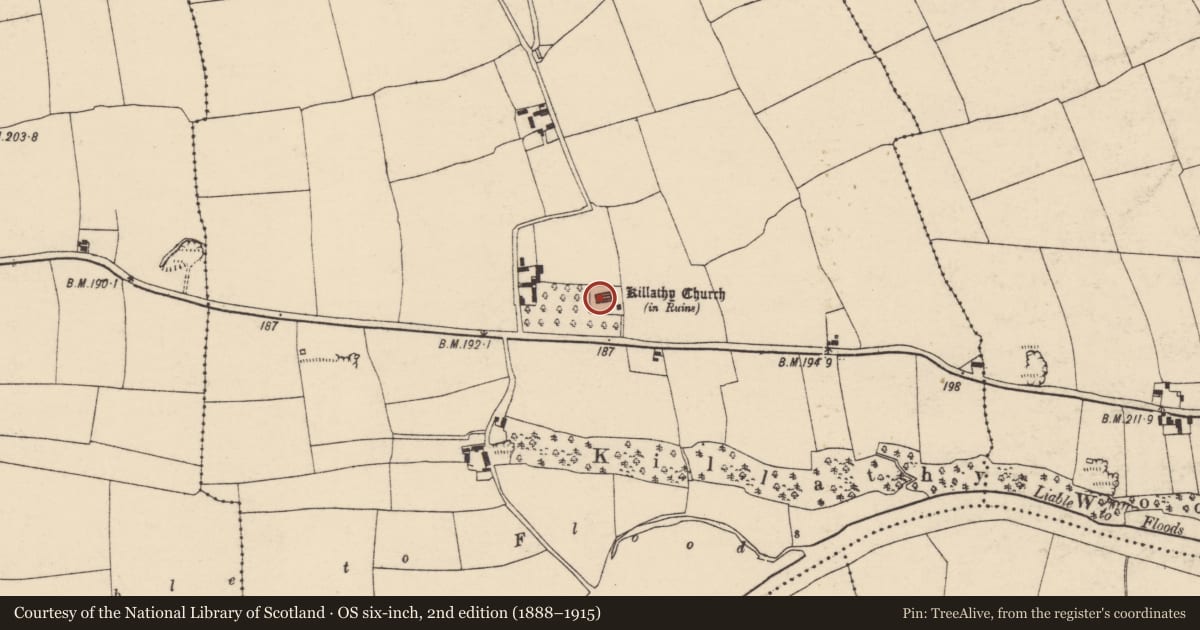 Ordnance Survey six-inch map, 2nd edition (1888–1915) covering the location of Church, Killathy, County Cork, with a pin at the register's coordinates