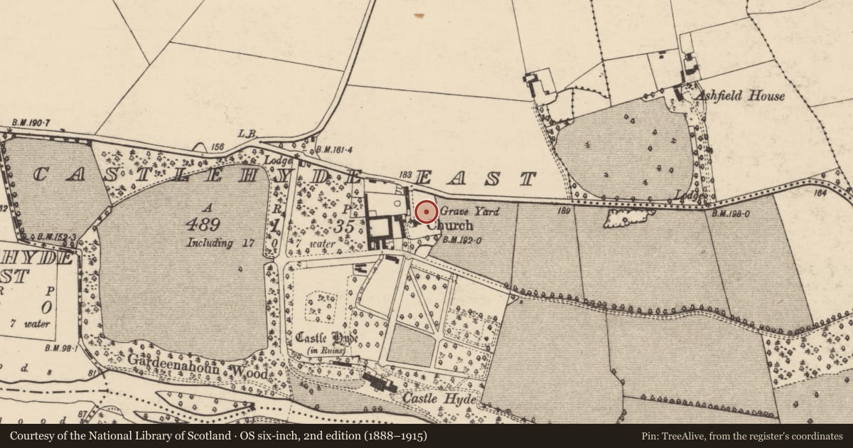 Ordnance Survey six-inch map, 2nd edition (1888–1915) covering the location of Graveyard, Castlehyde East, County Cork, with a pin at the register's coordinates