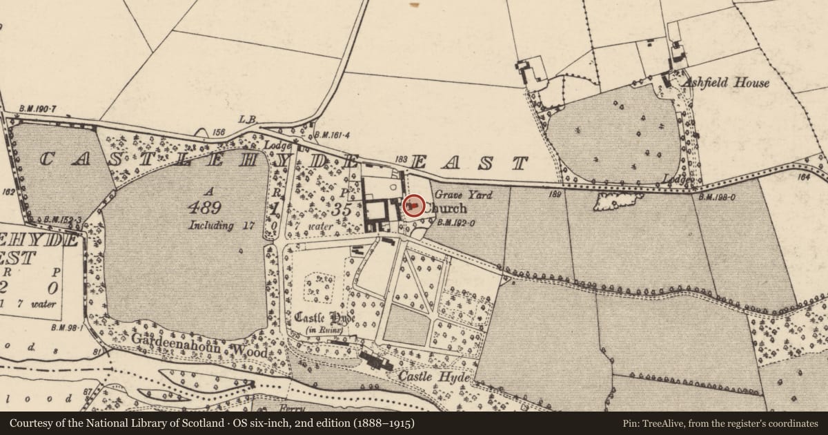 Ordnance Survey six-inch map, 2nd edition (1888–1915) covering the location of Church, Castlehyde East, County Cork, with a pin at the register's coordinates