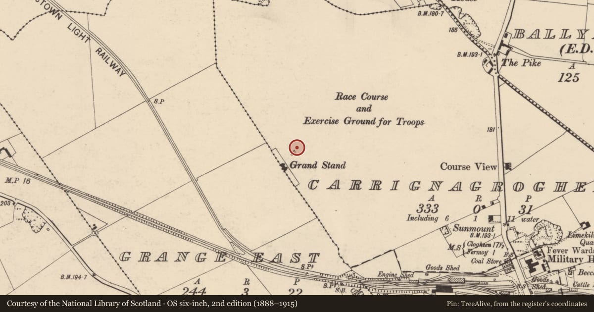 Ordnance Survey six-inch map, 2nd edition (1888–1915) covering the location of Souterrain, Carrignagroghera, County Cork, with a pin at the register's coordinates
