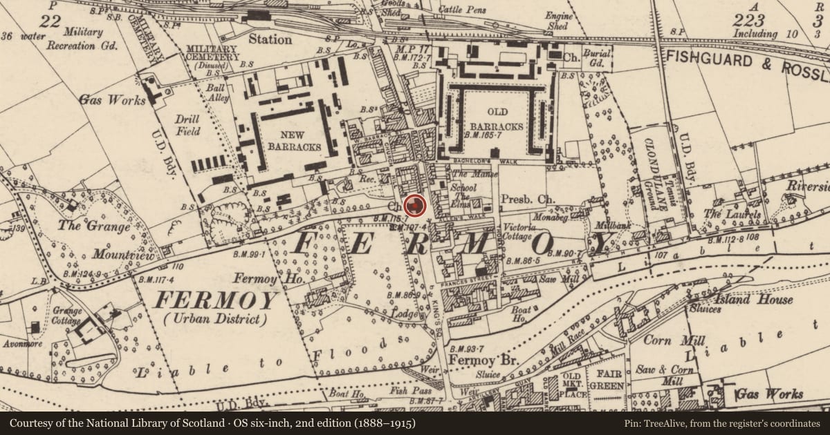 Ordnance Survey six-inch map, 2nd edition (1888–1915) covering the location of Church, Carrignagroghera, County Cork, with a pin at the register's coordinates