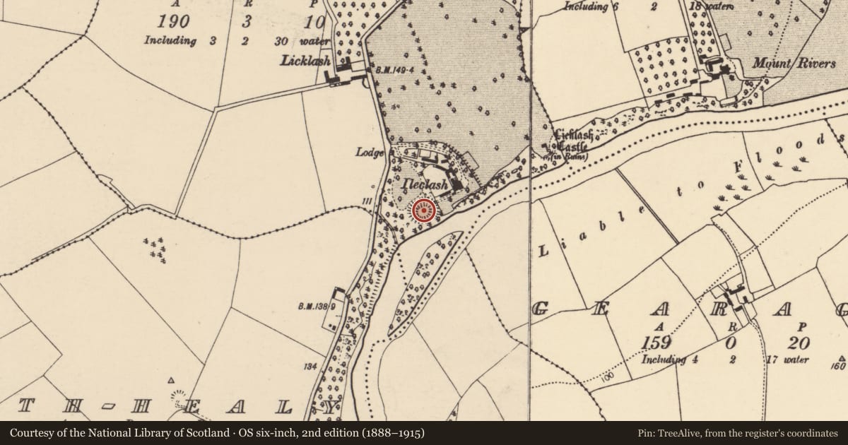 Ordnance Survey six-inch map, 2nd edition (1888–1915) covering the location of Barrow - mound barrow, Licklash, County Cork, with a pin at the register's coordinates