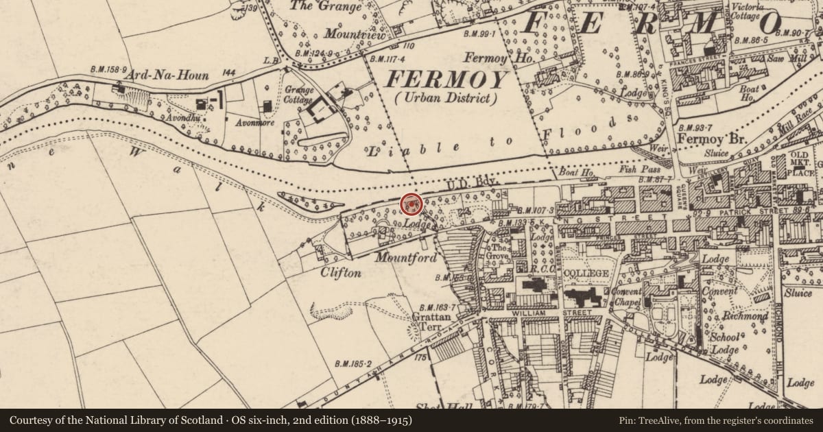 Ordnance Survey six-inch map, 2nd edition (1888–1915) covering the location of Ritual site - holy well, Duntahane, County Cork, with a pin at the register's coordinates