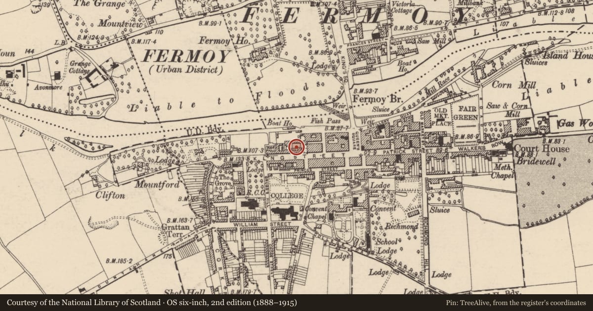 Ordnance Survey six-inch map, 2nd edition (1888–1915) covering the location of Religious house - Cistercian monks, Fermoy, County Cork, with a pin at the register's coordinates