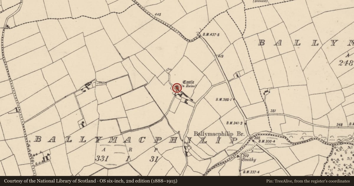 Ordnance Survey six-inch map, 2nd edition (1888–1915) covering the location of Castle - Anglo-Norman masonry castle, Ballymacphilip, County Cork, with a pin at the register's coordinates