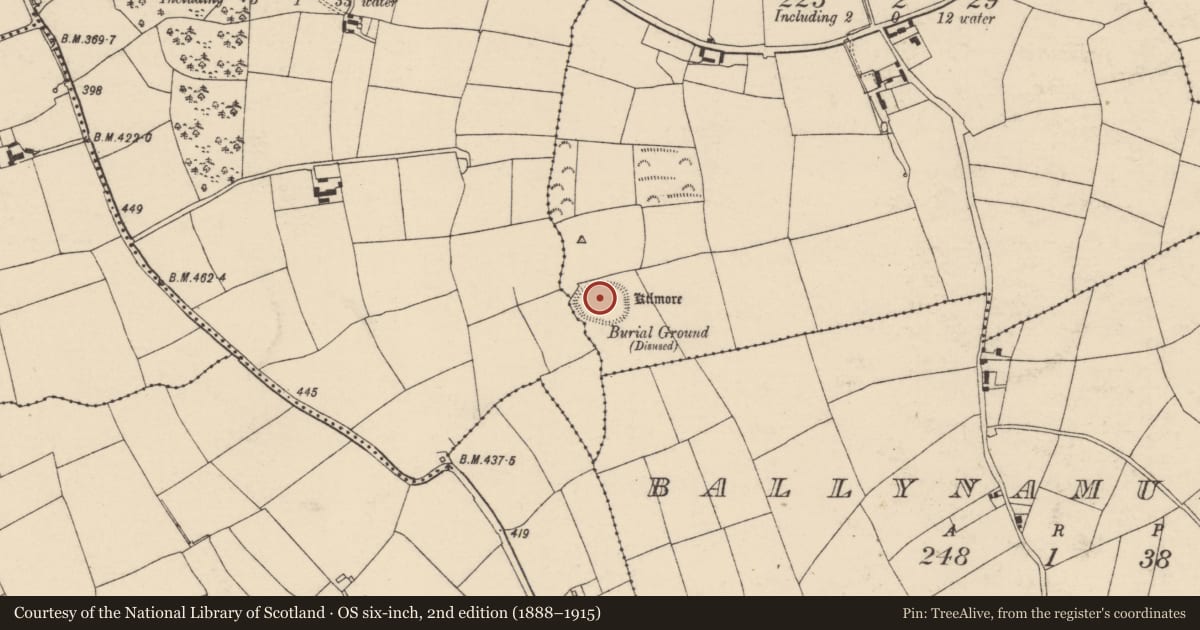Ordnance Survey six-inch map, 2nd edition (1888–1915) covering the location of Ecclesiastical enclosure, Ballymaclawrence, County Cork, with a pin at the register's coordinates