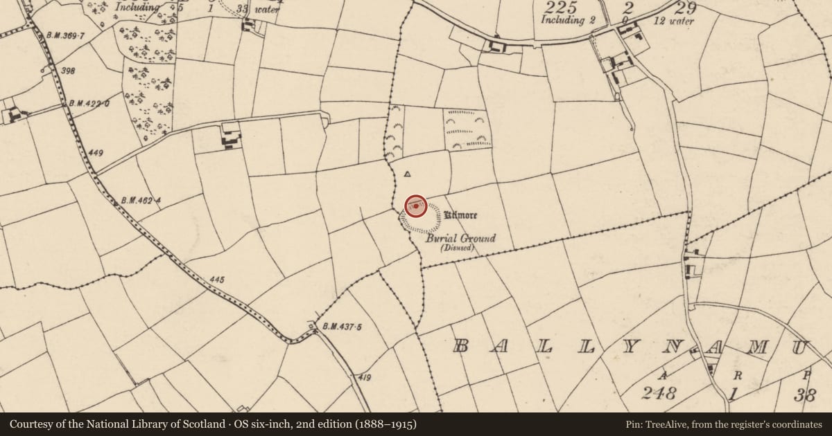 Ordnance Survey six-inch map, 2nd edition (1888–1915) covering the location of Souterrain, Ballymaclawrence, County Cork, with a pin at the register's coordinates