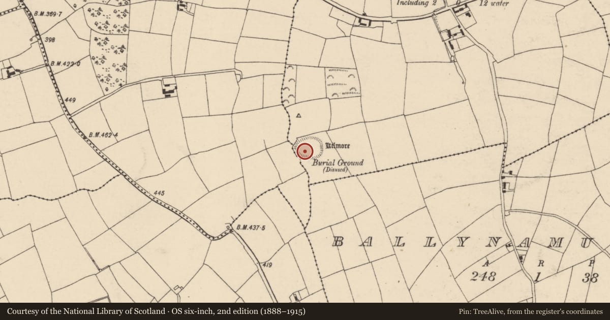 Ordnance Survey six-inch map, 2nd edition (1888–1915) covering the location of Bullaun stone, Ballymaclawrence, County Cork, with a pin at the register's coordinates