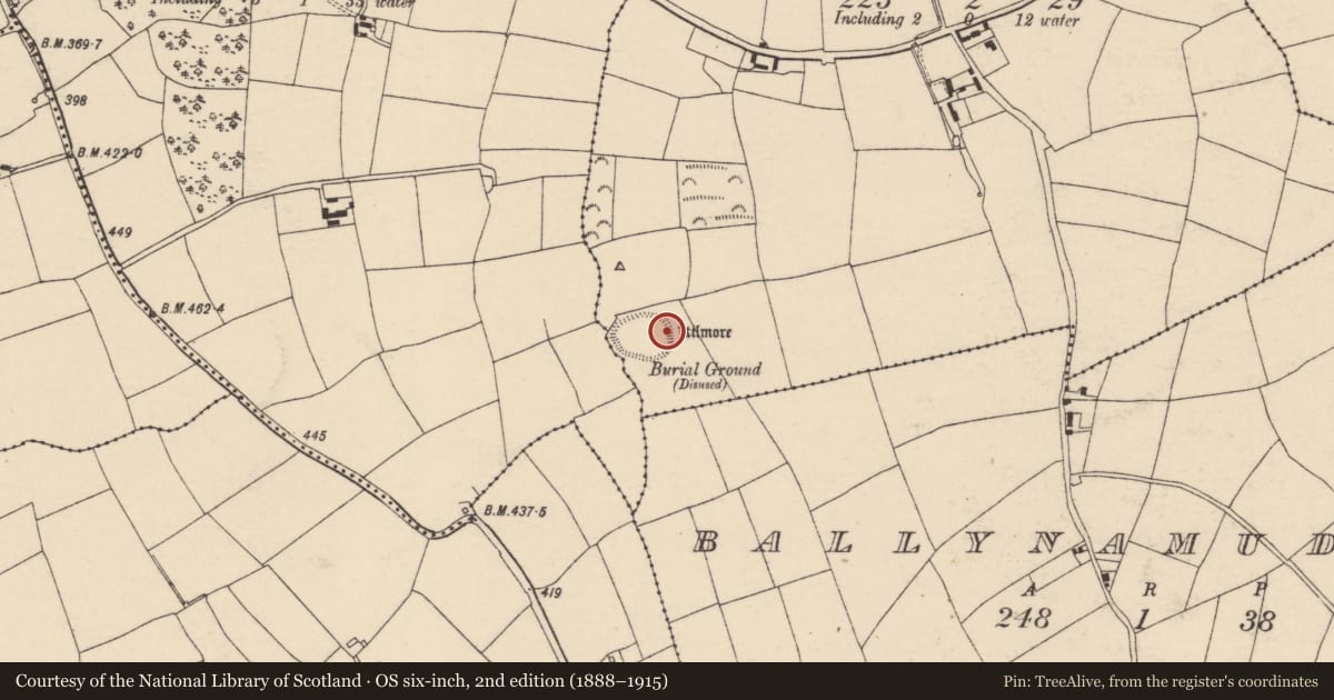 Ordnance Survey six-inch map, 2nd edition (1888–1915) covering the location of Burial ground, Ballymaclawrence, County Cork, with a pin at the register's coordinates