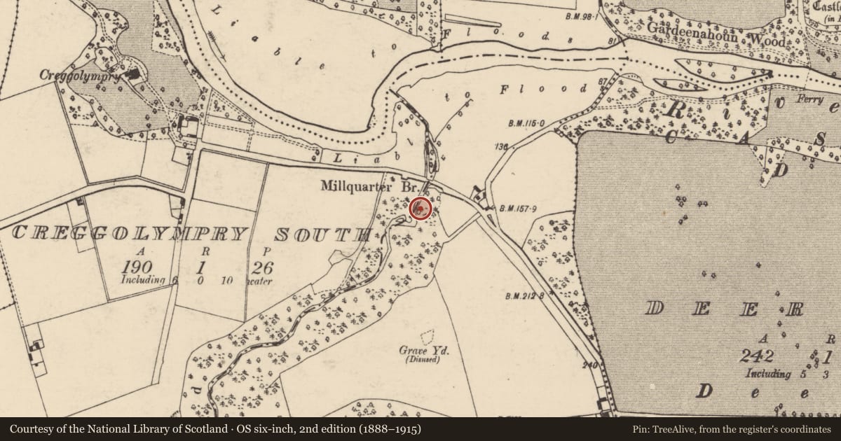 Ordnance Survey six-inch map, 2nd edition (1888–1915) covering the location of Mill - corn, Coolroe, County Cork, with a pin at the register's coordinates