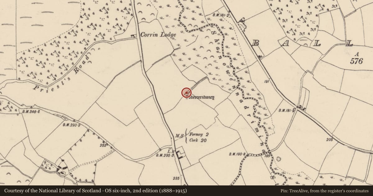 Ordnance Survey six-inch map, 2nd edition (1888–1915) covering the location of Ritual site - holy well, Corrin, County Cork, with a pin at the register's coordinates