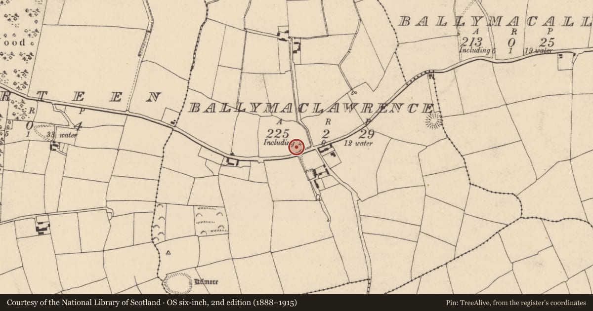 Ordnance Survey six-inch map, 2nd edition (1888–1915) covering the location of Bullaun stone, Ballymaclawrence, County Cork, with a pin at the register's coordinates