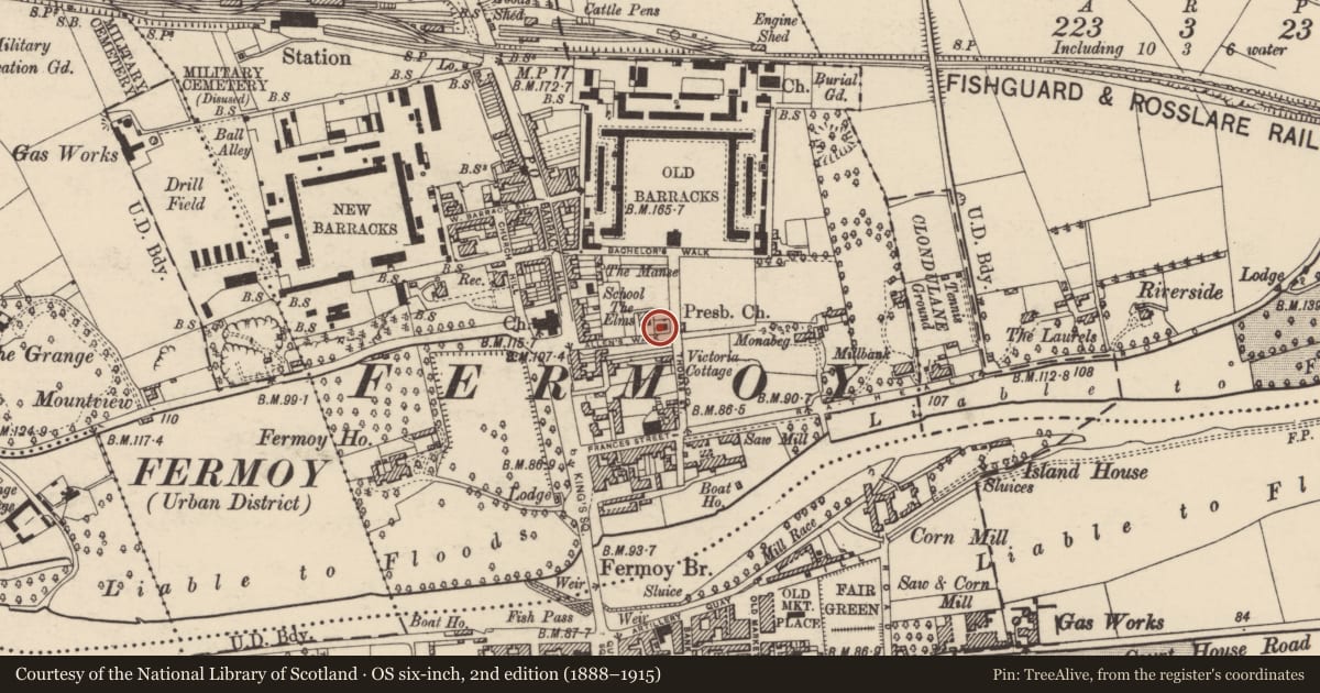 Ordnance Survey six-inch map, 2nd edition (1888–1915) covering the location of Church, Carrignagroghera, County Cork, with a pin at the register's coordinates