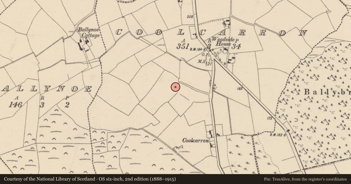 Ordnance Survey six-inch map, 2nd edition (1888–1915) covering the location of Fulacht fia, Coolcarron, County Cork, with a pin at the register's coordinates
