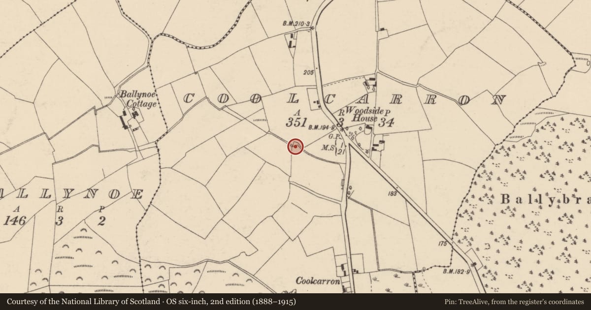 Ordnance Survey six-inch map, 2nd edition (1888–1915) covering the location of Fulacht fia, Coolcarron, County Cork, with a pin at the register's coordinates