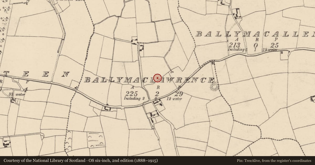 Ordnance Survey six-inch map, 2nd edition (1888–1915) covering the location of Fulacht fia, Ballymaclawrence, County Cork, with a pin at the register's coordinates