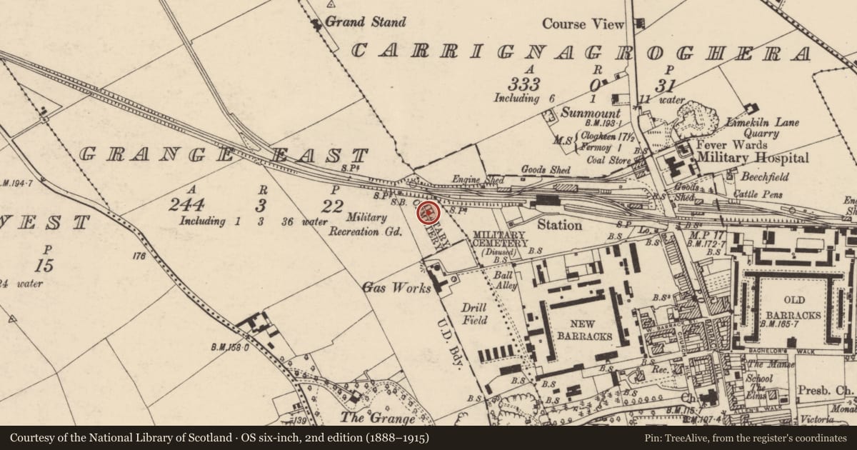 Ordnance Survey six-inch map, 2nd edition (1888–1915) covering the location of Burial ground, Grange East, County Cork, with a pin at the register's coordinates