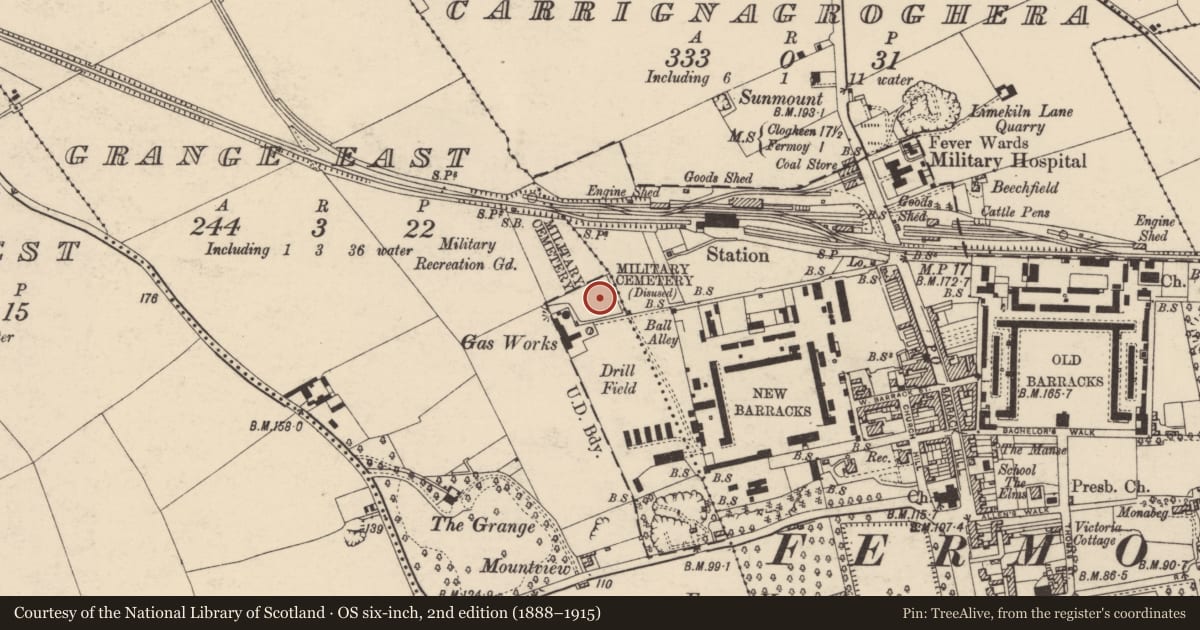 Ordnance Survey six-inch map, 2nd edition (1888–1915) covering the location of Graveyard, Grange East, County Cork, with a pin at the register's coordinates
