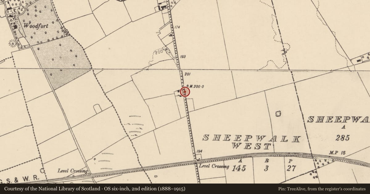 Ordnance Survey six-inch map, 2nd edition (1888–1915) covering the location of Enclosure, Sheepwalk West, County Cork, with a pin at the register's coordinates