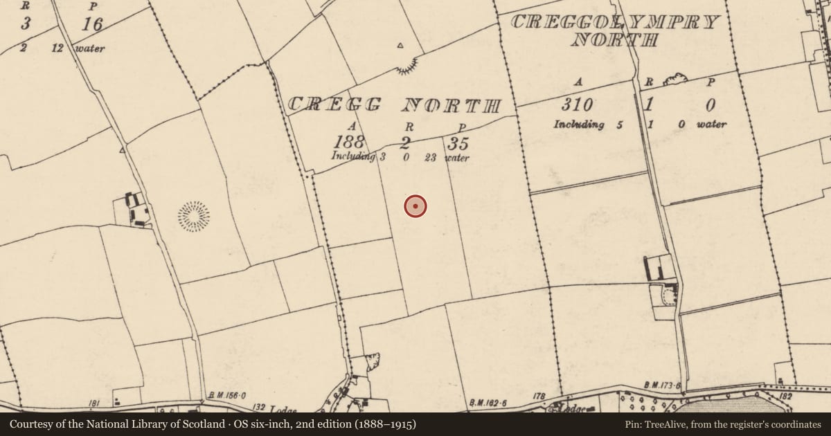 Ordnance Survey six-inch map, 2nd edition (1888–1915) covering the location of Enclosure, Cregg North, County Cork, with a pin at the register's coordinates