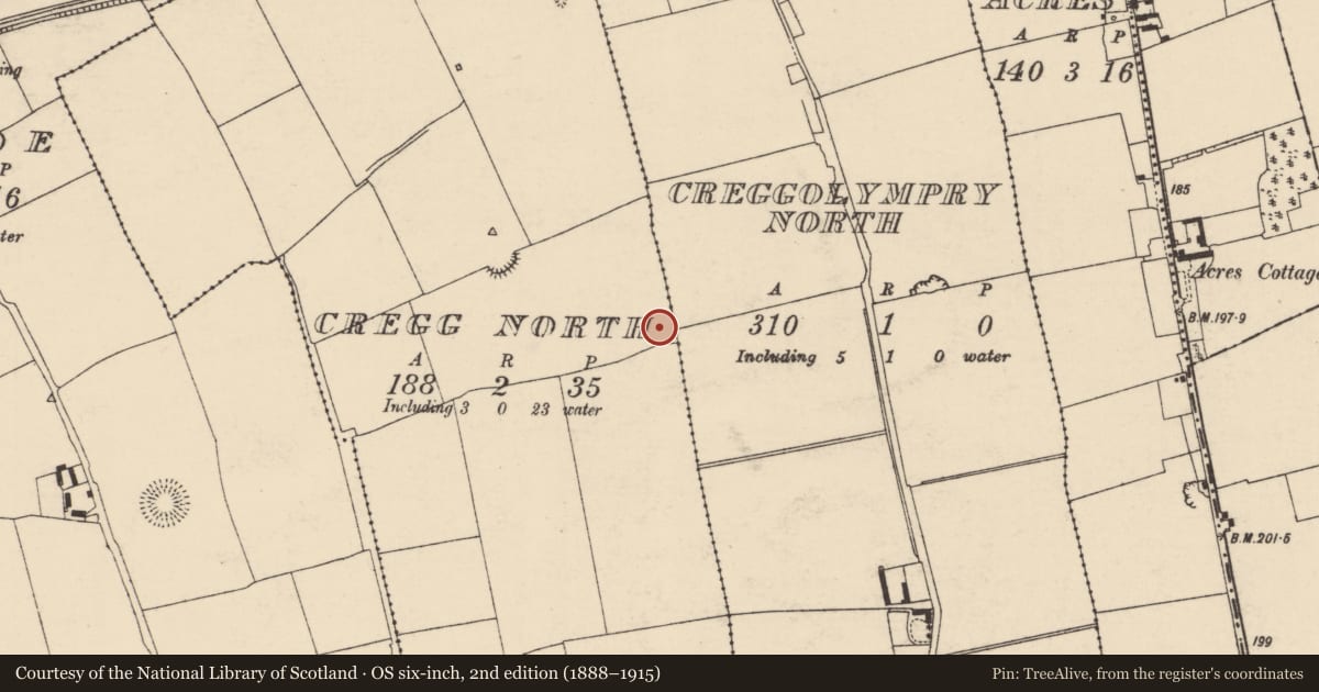 Ordnance Survey six-inch map, 2nd edition (1888–1915) covering the location of Enclosure, Cregg North, County Cork, with a pin at the register's coordinates
