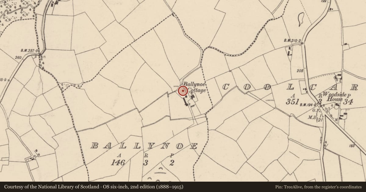 Ordnance Survey six-inch map, 2nd edition (1888–1915) covering the location of Bullaun stone, Ballynoe, County Cork, with a pin at the register's coordinates
