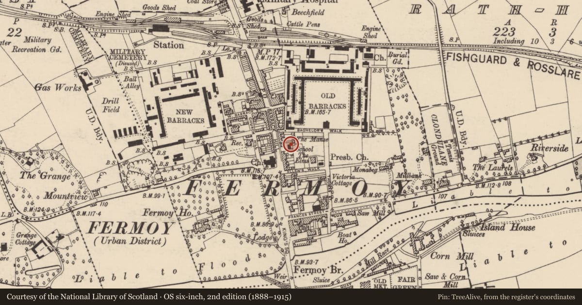 Ordnance Survey six-inch map, 2nd edition (1888–1915) covering the location of School, Carrignagroghera, County Cork, with a pin at the register's coordinates