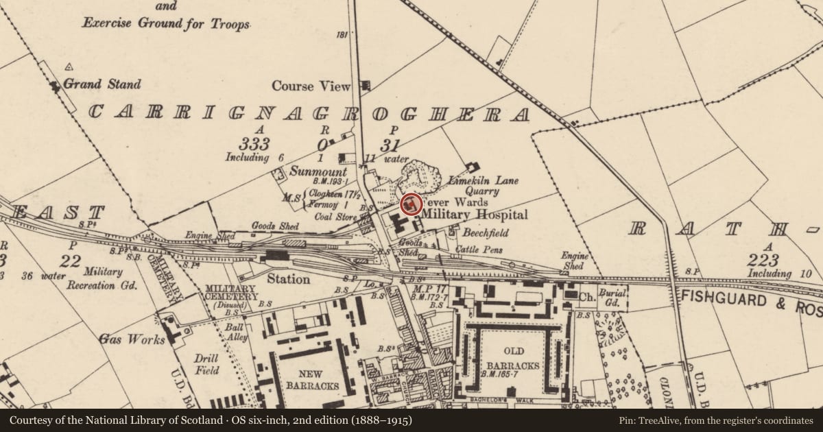 Ordnance Survey six-inch map, 2nd edition (1888–1915) covering the location of Hospital, Carrignagroghera, County Cork, with a pin at the register's coordinates