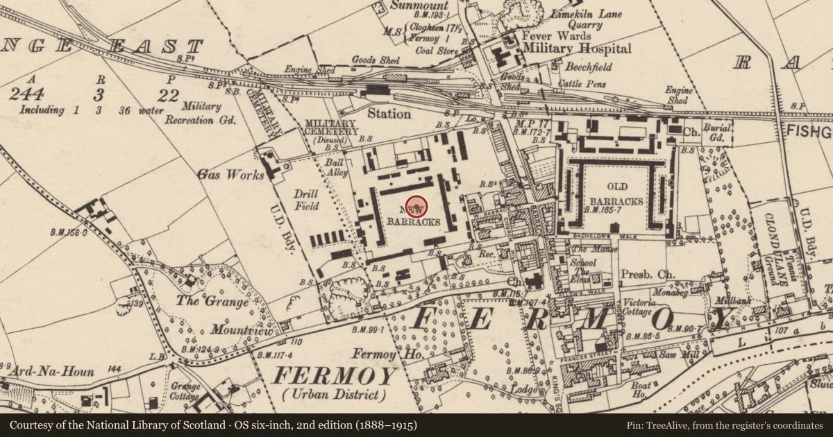 Ordnance Survey six-inch map, 2nd edition (1888–1915) covering the location of Barracks, Carrignagroghera, County Cork, with a pin at the register's coordinates