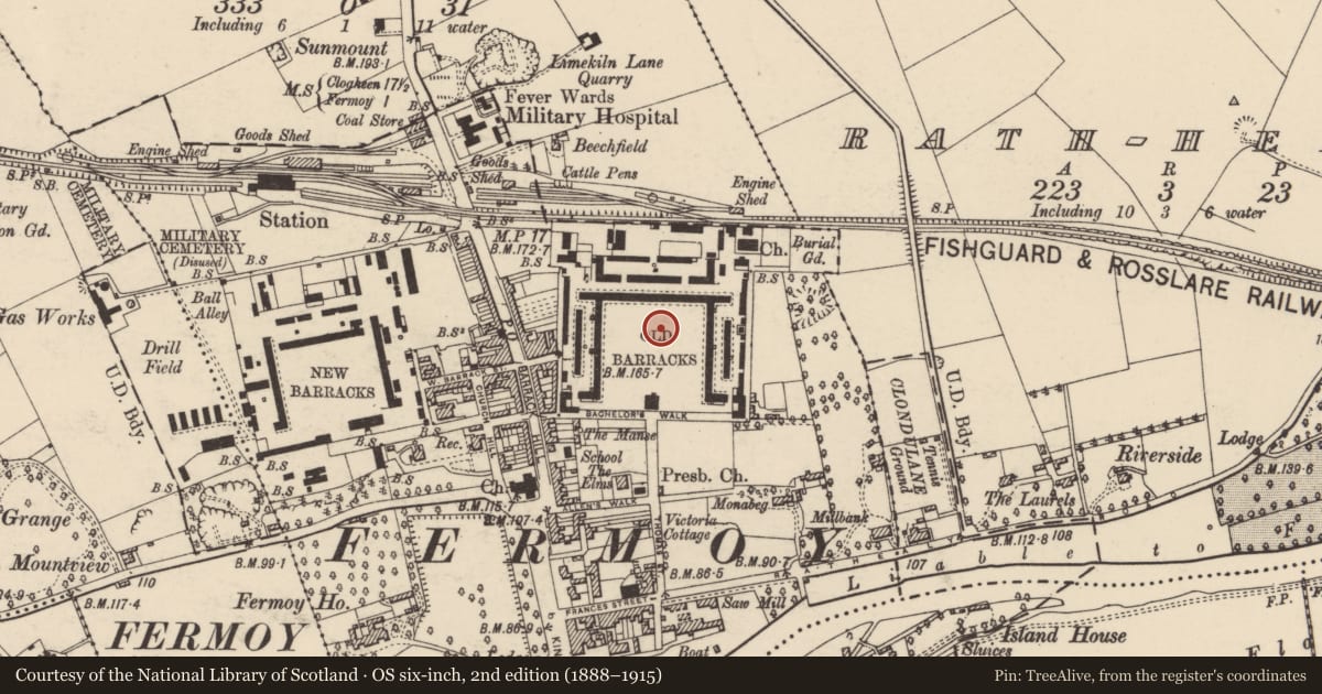 Ordnance Survey six-inch map, 2nd edition (1888–1915) covering the location of Barracks, Carrignagroghera, County Cork, with a pin at the register's coordinates