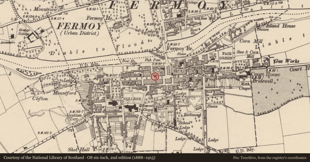 Ordnance Survey six-inch map, 2nd edition (1888–1915) covering the location of Historic town, Fermoy, County Cork, with a pin at the register's coordinates