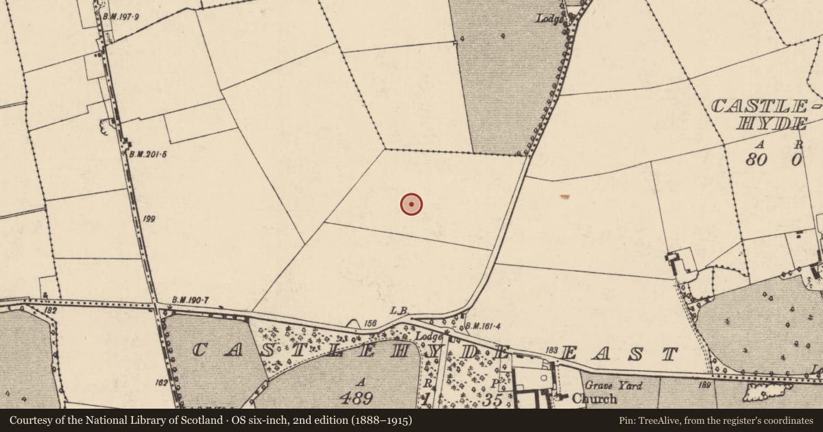 Ordnance Survey six-inch map, 2nd edition (1888–1915) covering the location of Enclosure, Castlehyde East, County Cork, with a pin at the register's coordinates