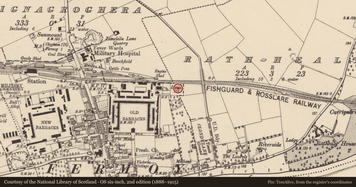 Ordnance Survey six-inch map, 2nd edition (1888–1915) covering the location of Graveyard, Carrignagroghera, County Cork, with a pin at the register's coordinates