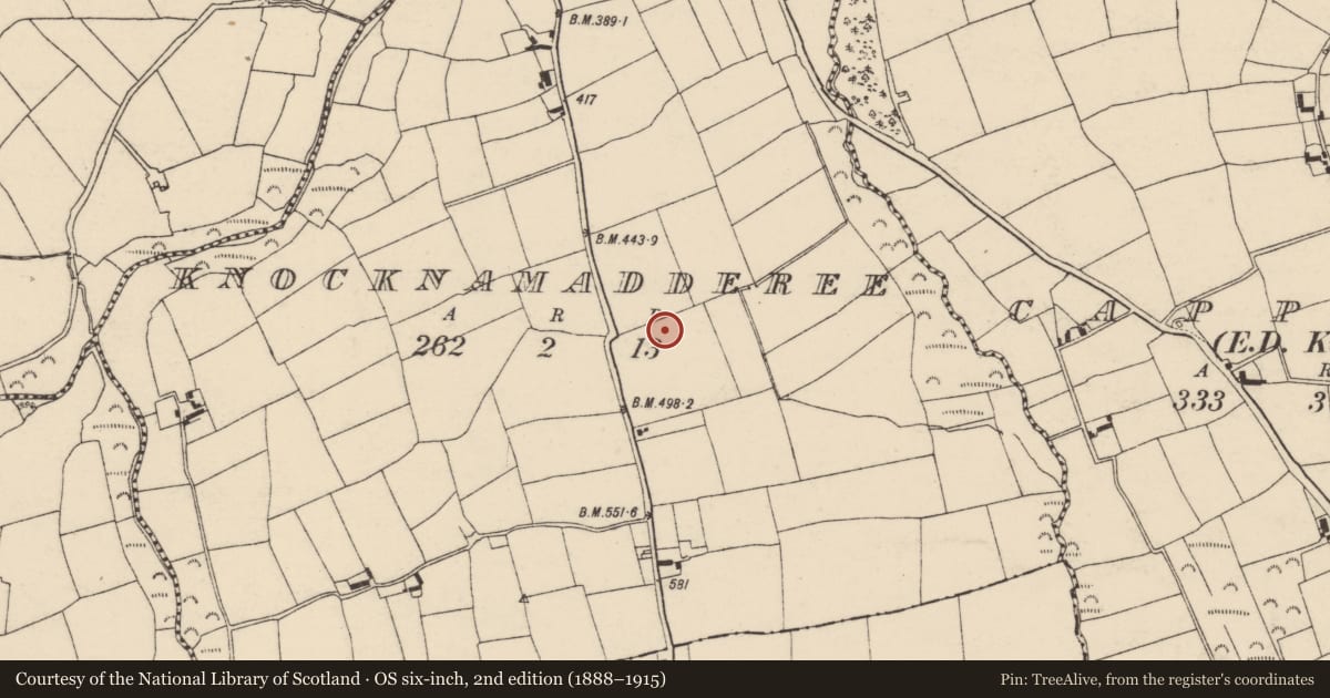 Ordnance Survey six-inch map, 2nd edition (1888–1915) covering the location of Fulacht fia, Knocknamadderee, County Cork, with a pin at the register's coordinates