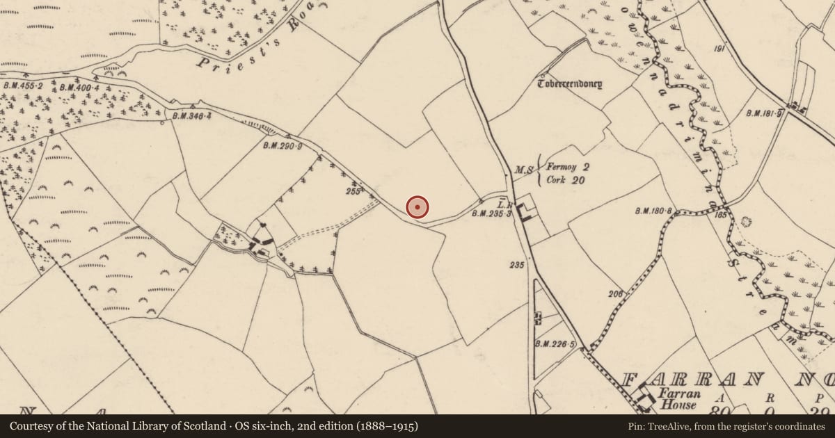 Ordnance Survey six-inch map, 2nd edition (1888–1915) covering the location of Hearth, Corrin, County Cork, with a pin at the register's coordinates