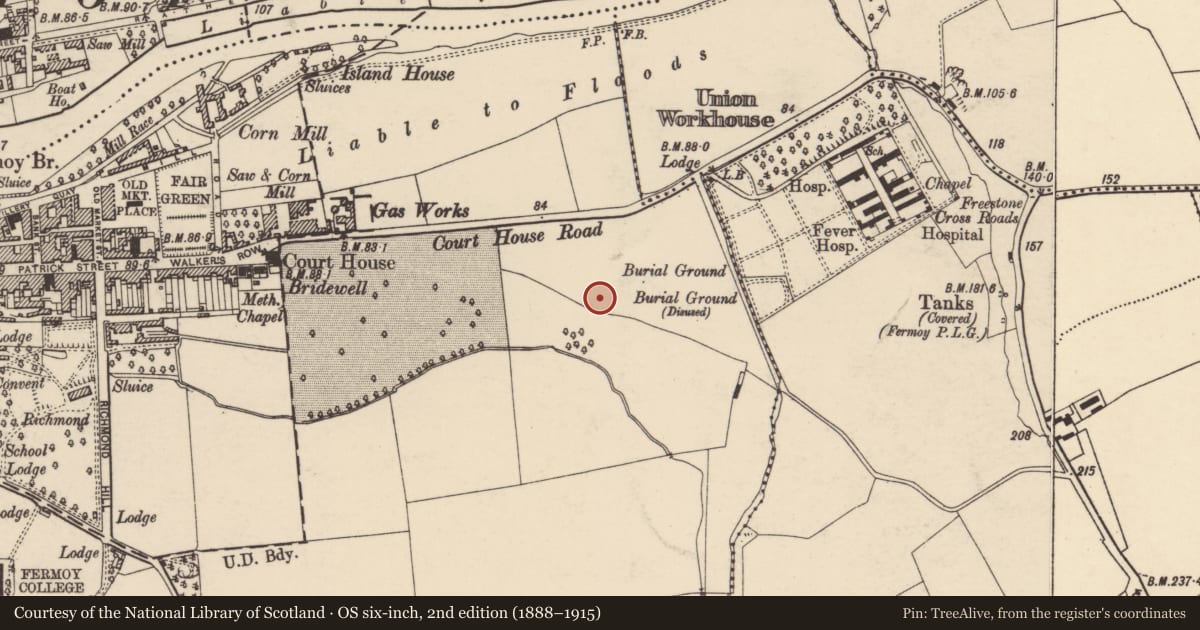 Ordnance Survey six-inch map, 2nd edition (1888–1915) covering the location of Pit-burial, Fermoy, County Cork, with a pin at the register's coordinates
