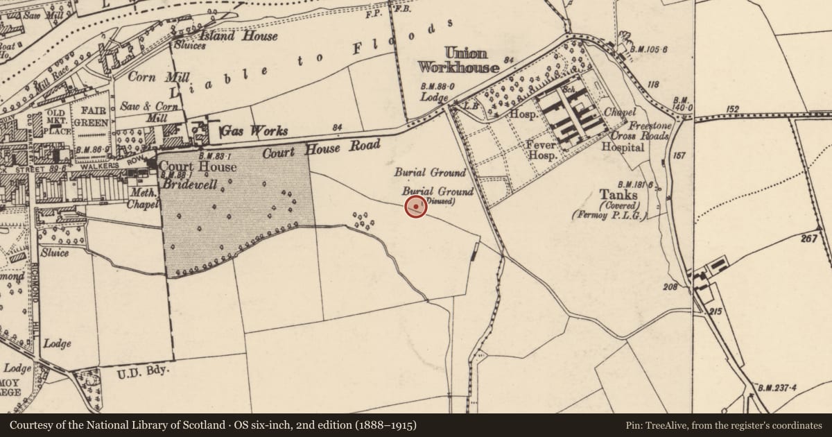 Ordnance Survey six-inch map, 2nd edition (1888–1915) covering the location of Kiln - corn-drying, Fermoy, County Cork, with a pin at the register's coordinates