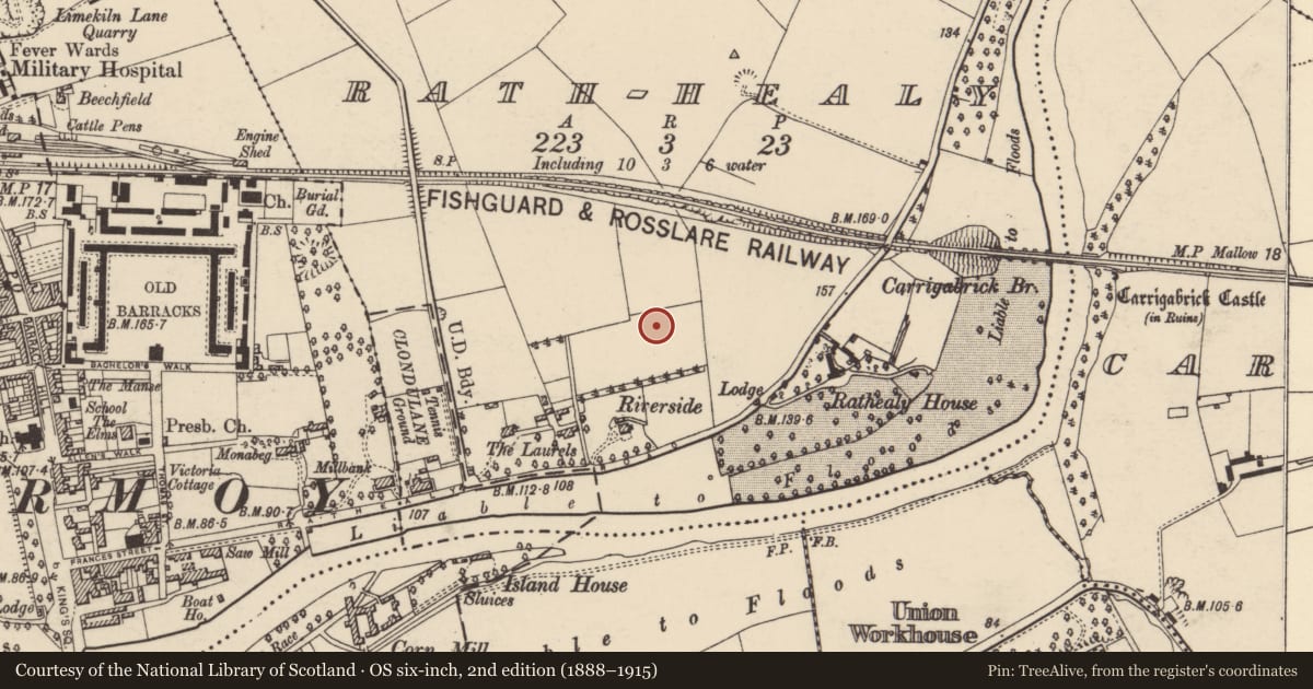 Ordnance Survey six-inch map, 2nd edition (1888–1915) covering the location of Kiln - corn-drying, Rath-Healy, County Cork, with a pin at the register's coordinates