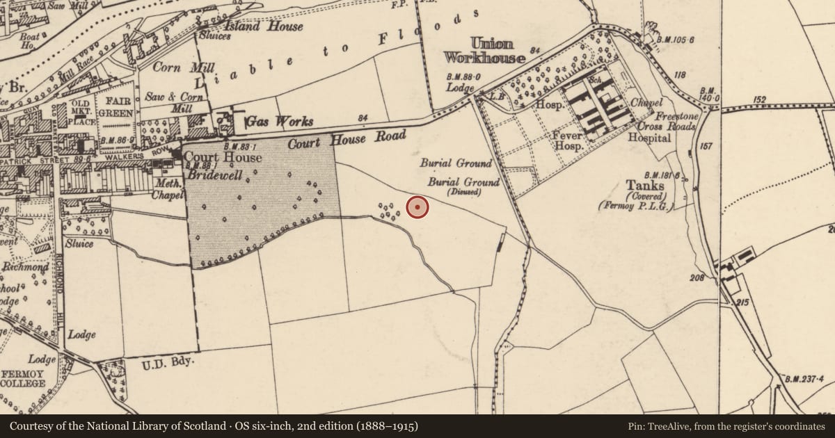 Ordnance Survey six-inch map, 2nd edition (1888–1915) covering the location of Excavation - miscellaneous, Fermoy, County Cork, with a pin at the register's coordinates